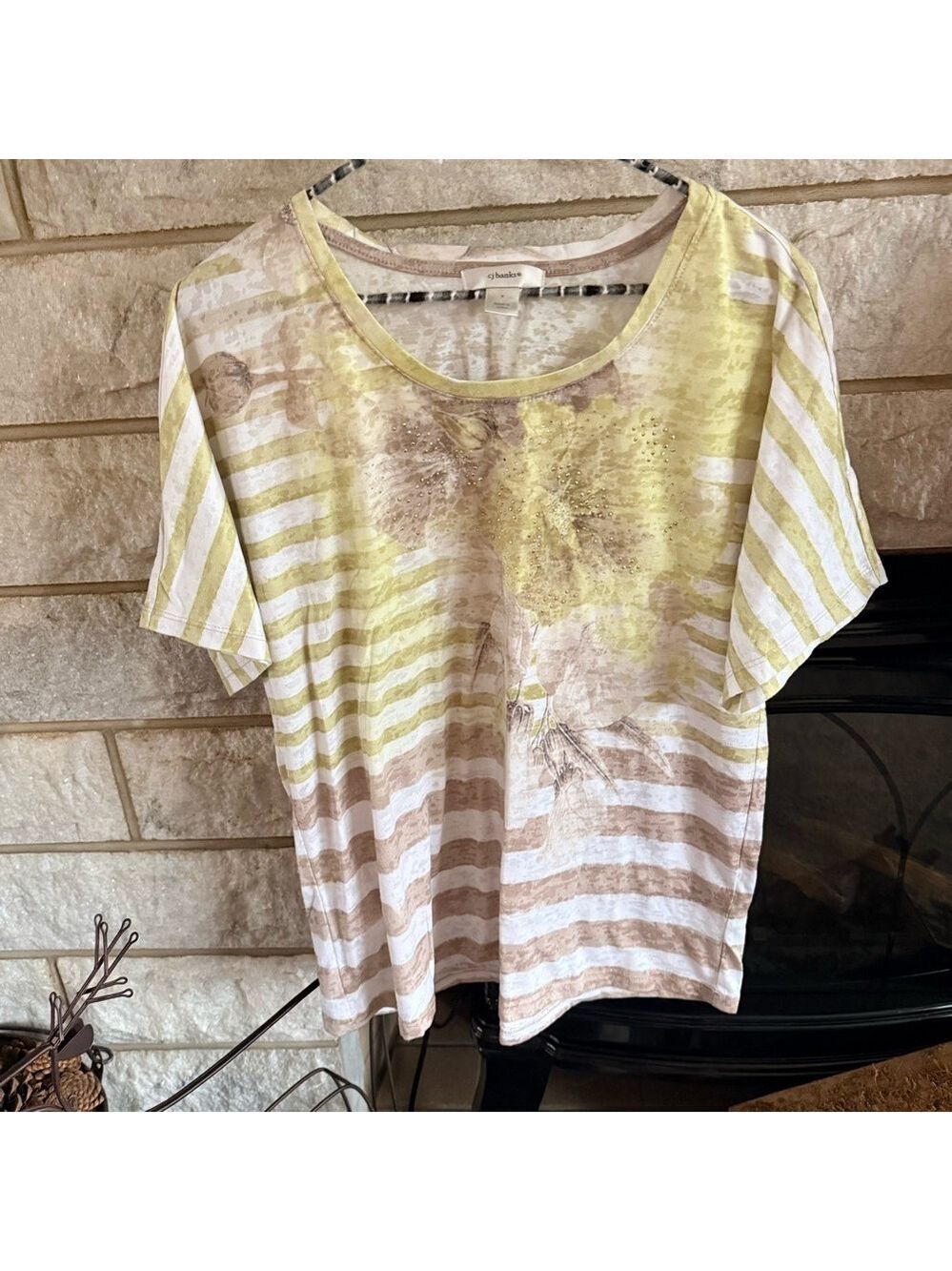 CJ Banks Yellow and Brown Striped Women's Tee Size X